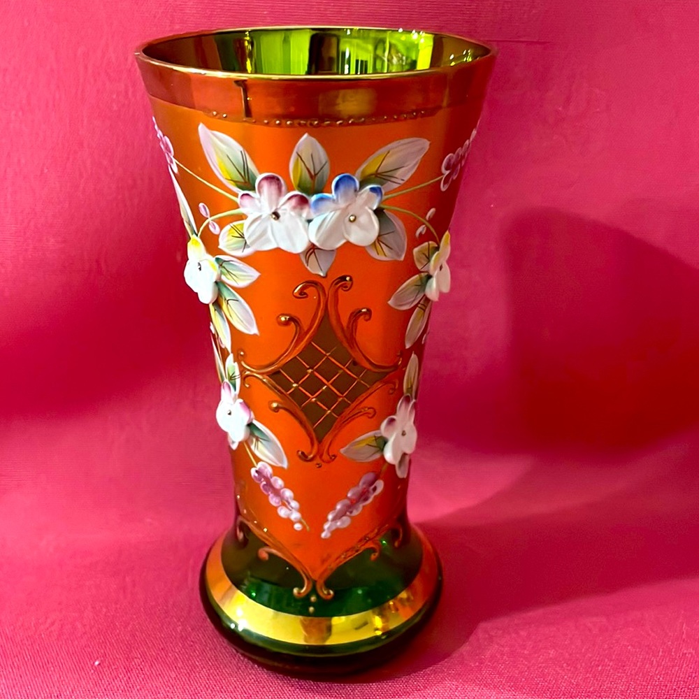 Vintage Bohemian Green Glass Vase Gilded Hand Painted Flowers - W1097